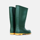A pair of Classic Wellies Green. The wellington boots are green and have a yellow sole. They are positioned on a white background.